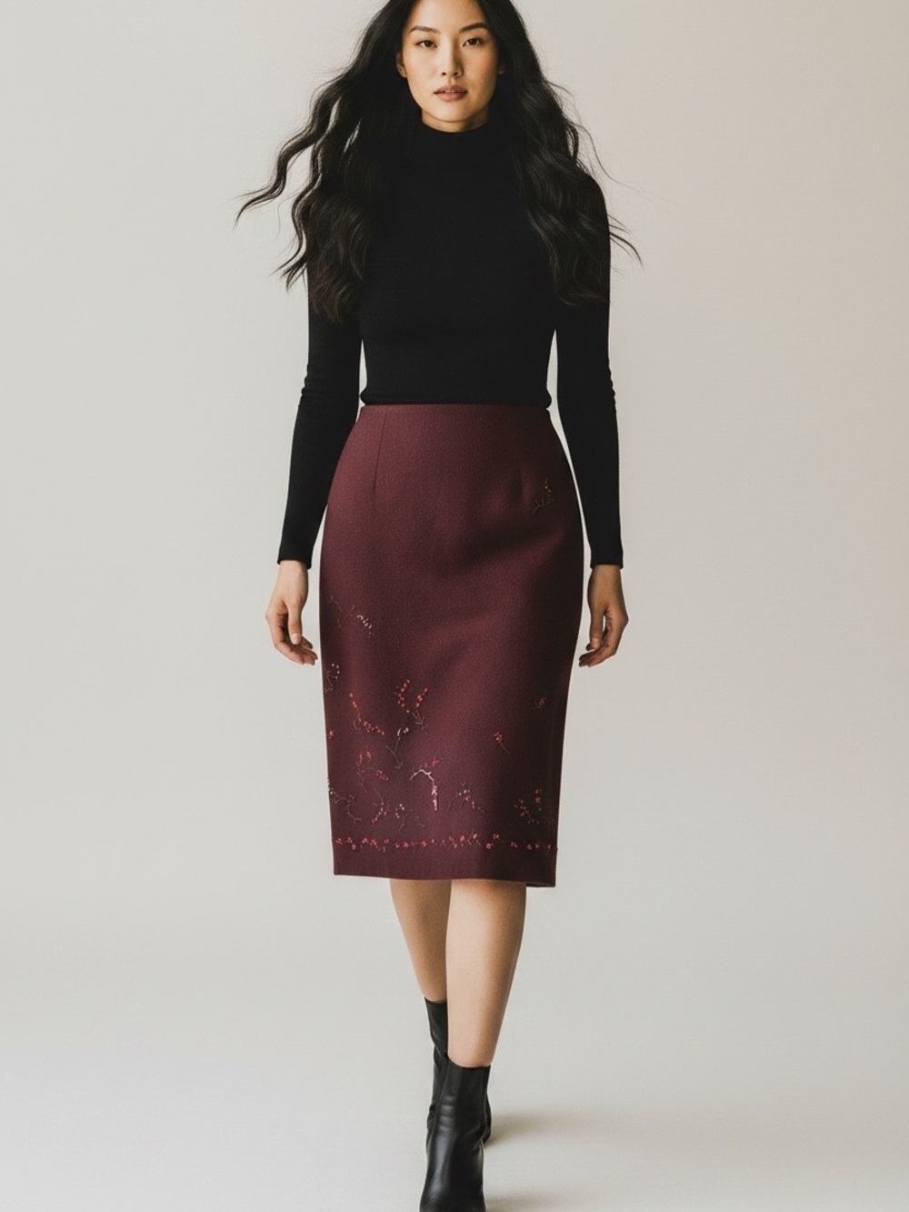 BANANA REPUBLIC Burgundy Embroidered Midi Skirt
